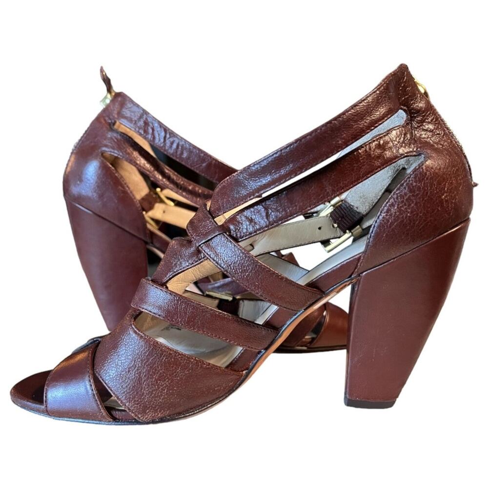 00s Saks Fifth Avenue LYLE Leather Strappy Heel Sandals Sz 8 Brown Classy Preppy - Picture 9 of 11